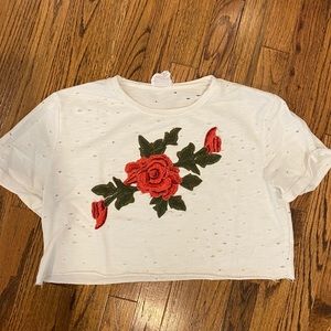 Distressed cropped rose T-shirt